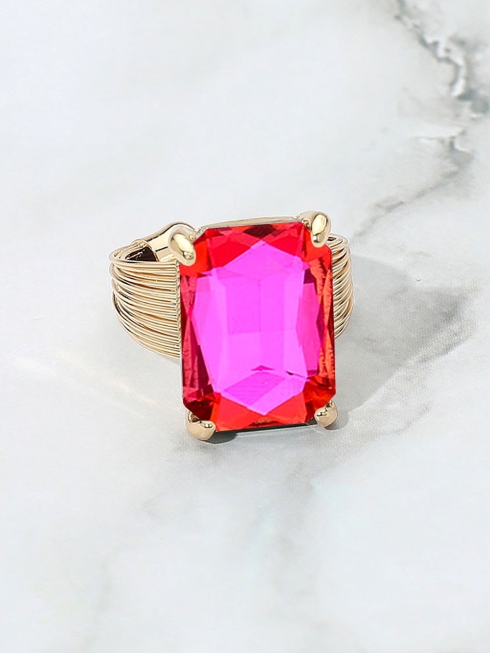 Rose Emerald Cut Crystal Adjustable Ring Fashion Statement Jewelry Pink